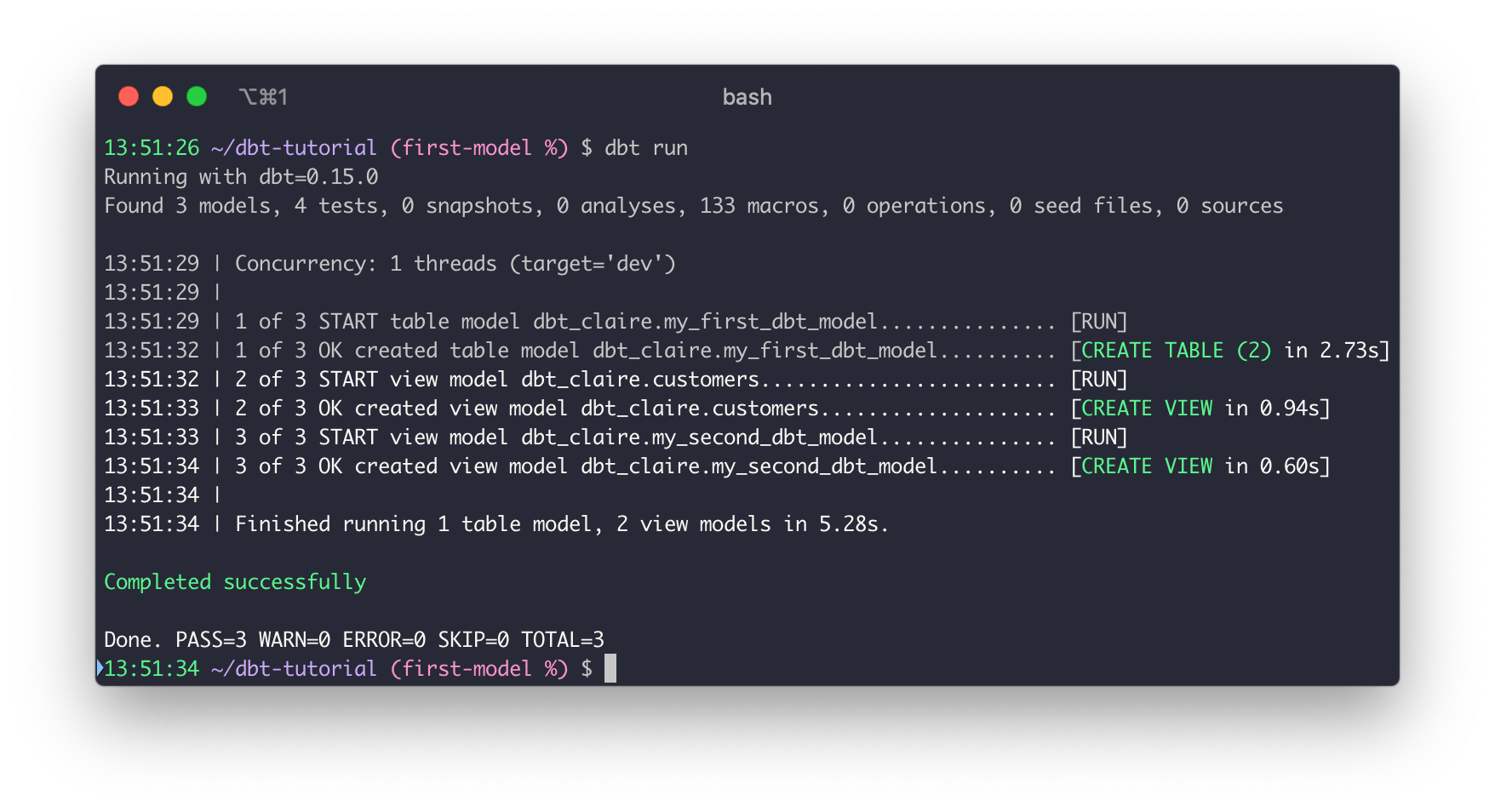 A successful run with the dbt Core CLI A successful run with the dbt Core CLI